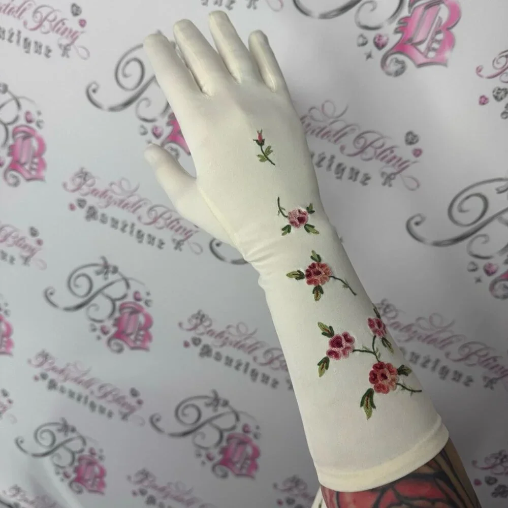 1950s cream mid-length gloves with embroidered flowers made in france rare vtg